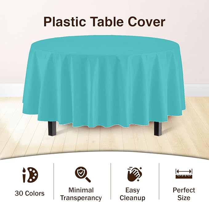 Exquisite Party Solids 6-Pack Premium Plastic Tablecloth 84in. Round Plastic Table Cover - Aqua…