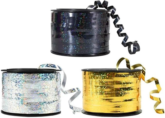 BEISHIDA 3 Pack 100 Yards Gold Silver Black Curling Crimped Glitter Ribbon Balloon String Shiny Metallic Gift Wrapping Ribbon for 2026 Happy New Year Graduation Retirement Birthday Party Decoration