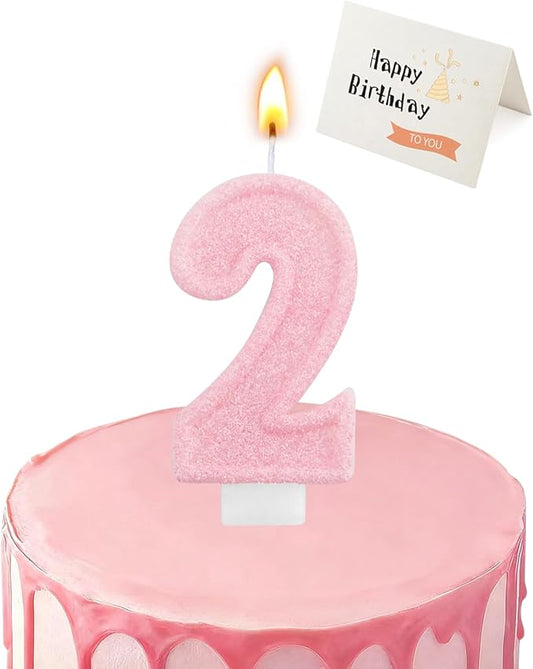 Birthday Candles for Cake, Pink Number Candles, Cake Candles with Greeting Card for Birthday Party Wedding Anniversary Celebrations (Bright Pink 2 Candle)