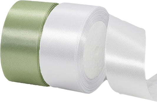 2 Rolls Sage Green Ribbon, 1-1/2 Inch 50 Yards Dusty Sage Green White Satin Fabric Ribbon for Wedding Party, Gift Wrapping, Baby Shower, Flower Bouquets, DIY Crafts, Birthday and Christmas Decorations