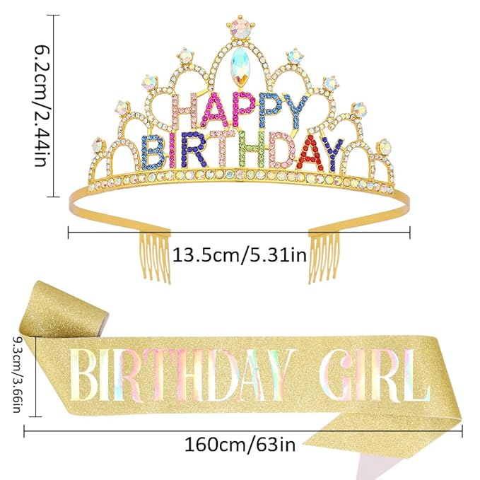 Gold Birthday Crown and Sash for Women Girls Gold Tiaras for Women Birthday Crowns for Girls Princess Crown Rhinestone Happy Birthday Hair Accessories
