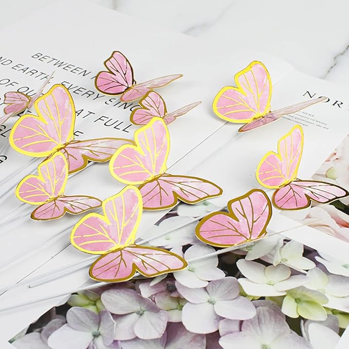 Pink Butterfly Cake Toppers, 11pcs Cupcake Toppers Happy Birthday Metal Gold Topper for Girls Women's Party Decorations