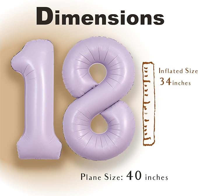 SUWEN 40 Inch Light Purple Large 18 Balloon Number Big Foil Helium Lavender Number Balloons Huge Mylar 0-9 Giant Jumbo Happy 18th Birthday Party Anniversary Decorations
