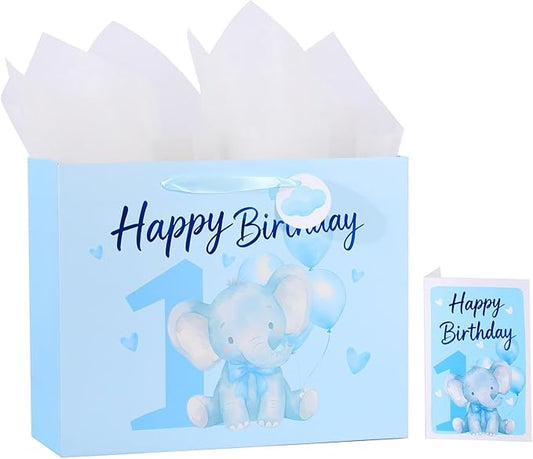 Powbrace 13" Blue Happy Birthday Gift Bag with Tissue Paper and Greeting Card for Party,Happy Birthday Gift Bag for Boys Babies,Gift Bags Medium size(1 PCS Blue Cartoon)