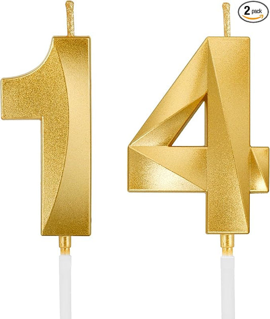 Birthday Candles, 1.96 Inch Number 14 Happy Birthday Candles, Number Candles Decoration for Birthday Party and Anniversary Celebration(Champagne Gold)