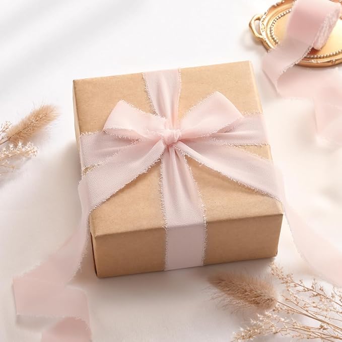 DORIS HOME Pink Chiffon Ribbon for Flower Bouquet, 1" x21Yd Fabric Ribbon for Gift Wrapping, Handmade Frayed Ribbon for Wedding Invitations/Christmas Decorations