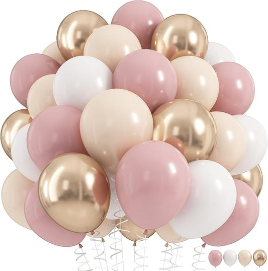 Dusty Pink Balloons, 60Pcs Pastel Light Pink and White Balloon Beige Sand White Champagne Gold Latex Neutral Balloons for Women Birthday Boho Wedding Baby Bridal Shower Party Mothers Day Decorations