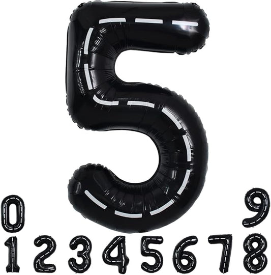 TONIFUL Race Car Black Balloons Car Birthday Party Supplies,40 Inch Giant Jumbo Helium Foil Mylar Big Number 5 Digital 5 Balloons for Boy's Birthday Party Truck Race Car Theme Party Decorations