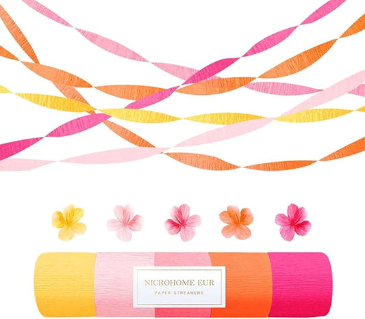 NICROHOME EUR Orange Pink Summer Party Crepe Paper Streamers, 5 Rolls Retro Hanging Garland Streamers for Sunset Party Birthday Wedding Baby Shower Fall Thanksgiving Backdrop Decor (1.8 x 82 Ft/Roll)