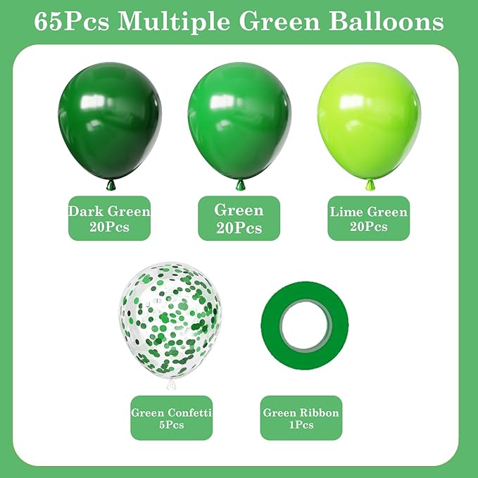 Green Balloons Set, 65pcs 12in Dark Light Green Balloons, Green Confetti Latex Party Balloon for St. Patrick's Day Jungle Forest Themed Birthday Decorations