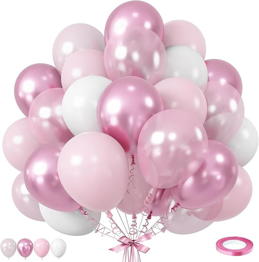 Pink Balloons Set, 12 Inch Metallic Light Baby Pink and White Balloon, Pearlpink Ivory Latex Balloons for Girls Women Birthday Baby Shower Wedding Valentine Bachelorette Easter Christmas Party Decor