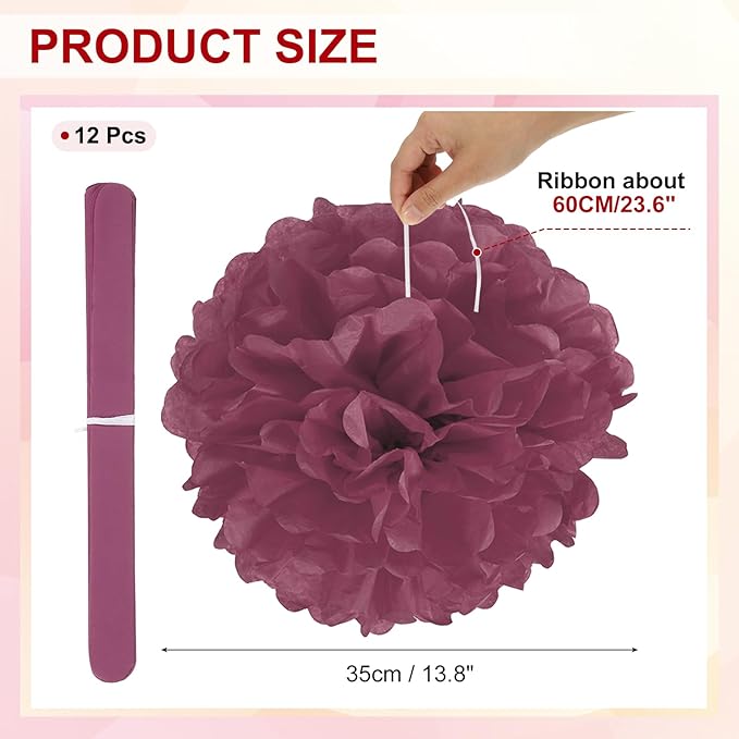 PATIKIL 14inch Tissue Paper Pom Poms, 12PCS Pom Poms Paper Flowers Ball Tissue Paper Flowers for Wedding Bridal Shower Birthday Bachelorette Party Backdrop Decoration, Wine Red