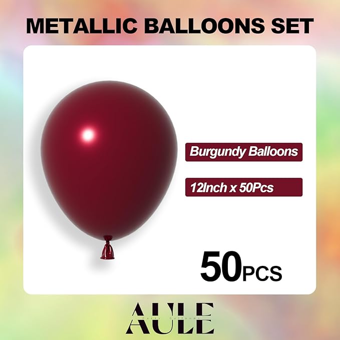 AULE Metallic Burgundy Balloons 12 inch 50 Pcs Maroon Latex Balloons Chrome Helium Shiny Thicken Balloon Perfect Party Decoration for Wedding Birthday Baby Shower Graduation Carnival