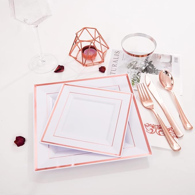 WDF 300 Pieces Rose Gold Plastic Silverware- Disposable Flatware Set - Heavy Duty Plastic Cutlery Includes 100 Forks, 100 Spoons, 100 Knives Perfect for Wedding/Party/Birthday
