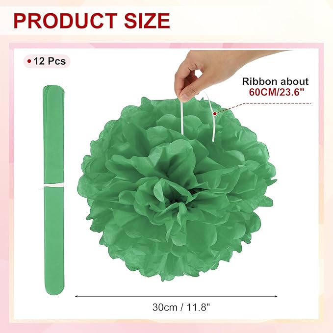 PATIKIL 12inch Tissue Paper Pom Poms, 12PCS Pom Poms Paper Flowers Ball Tissue Paper Flowers for Wedding Bridal Shower Birthday Bachelorette Party Backdrop Decoration, Dark Green