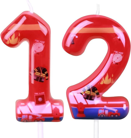 Number 12 Candle, Firetruck Fireman Cake Decoration, 12th Birthday Candle Birthday Party Supplies Firefighter Themed Cake Topper Decorations for Kids Boy Girl Party Decor (red, Number 12)
