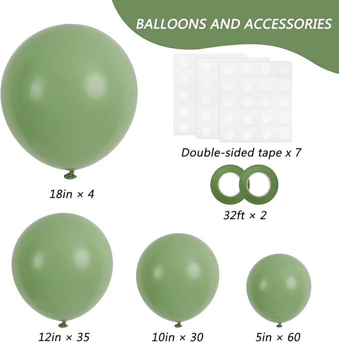 RUBFAC 129pcs Vintage Green Balloons Different Sizes 18 12 10 5 Inches Sage Green Latex Balloon Garland Arch for Masquerade Party Decorations Birthday Baby Shower Wedding Party Supplies