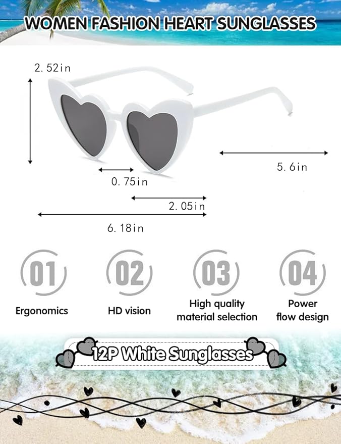 LOHO MAGICA Women Fashion Heart Sunglasses 12 Pack Heart Shaped Sunglasses for Women Vintage Love Cat Eye Retro Glasses