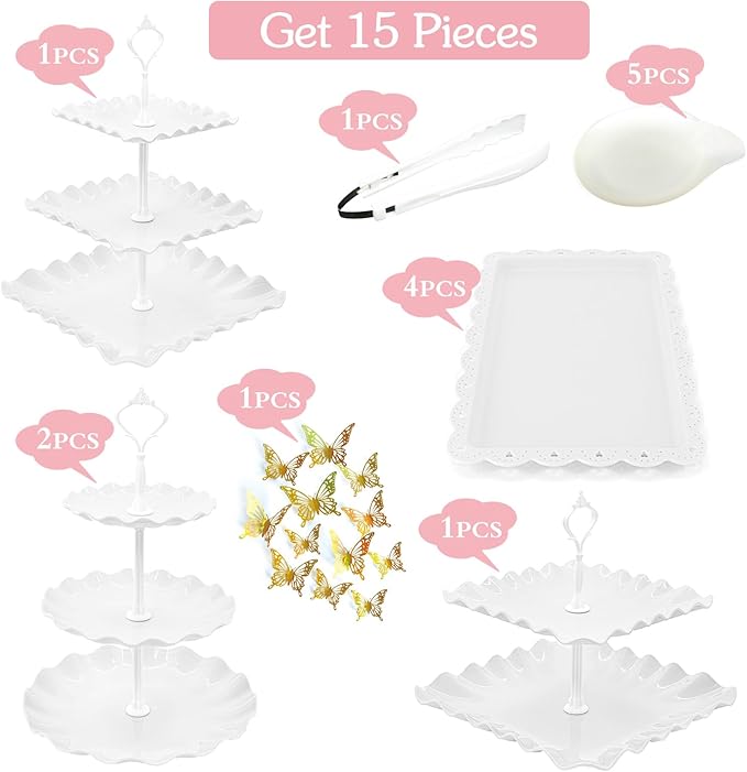 15 PCS Dessert Table Display Set White Cupcake Stand,3 Tiered Tray Stand Cup Cake Tower Holder, Cake Stand Serving Trays Dessert Display Stands for Tea Party Wedding Baby Shower-White