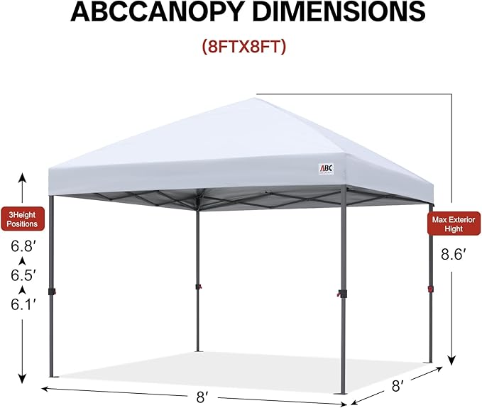 ABCCANOPY 8x8 Pop Up Canopy Tent, Easy Setup Instant Shelter with Wheeled Bag, Heavy Duty Outdoor Canopy for Beach, Market, Backyard, UV Protection, Outdoor Weather Protection (White, 8x8)