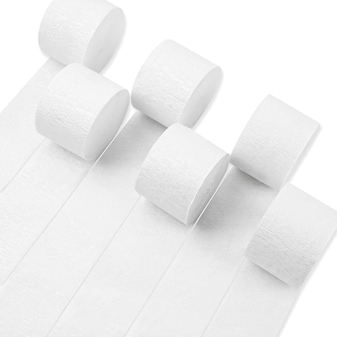 PartyWoo White Crepe Paper Streamers 6 Rolls 492 ft Pack of Pearl White Crepe Paper Rolls for Graduation Wedding Bridal Baby Shower Gender Reveal Birthday Party Decorations (1.8 Inch x 82 Ft/Rolls)