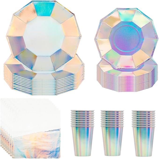Andaz Press 50 Piece Iridescent Party Plates, Cups and Lunch Napkins Set, Bulk Tableware Set, Iridescent Party Decorations Theme Supplies, Holographic Silver Decorations Tableware Kit