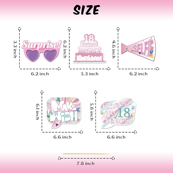 20 Pcs Girl 18th Birthday Photo Booth Props Kit, Pink Eighteen Birthday Party Selfie Decorations, Girl's 18th Bday Party Photography Supplies