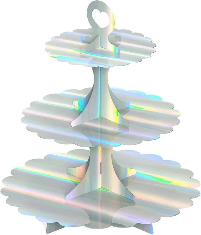 3-Tier Cupcake Stand Tower, Rainbow Silver Cardboard Cake Holder for Birthday Wedding Party Displays, Laser Silver Design - Space-Saving Dessert Table Decor (1 Pack) ﻿