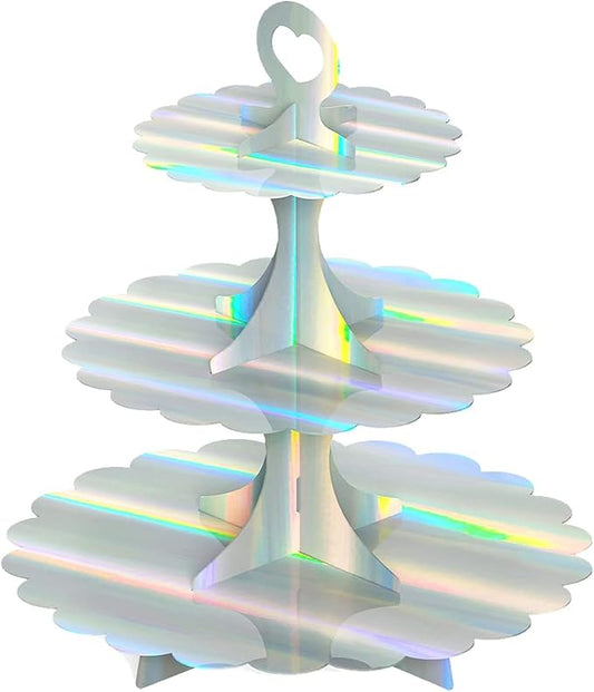 3-Tier Cupcake Stand Tower, Rainbow Silver Cardboard Cake Holder for Birthday Wedding Party Displays, Laser Silver Design - Space-Saving Dessert Table Decor (1 Pack) ﻿