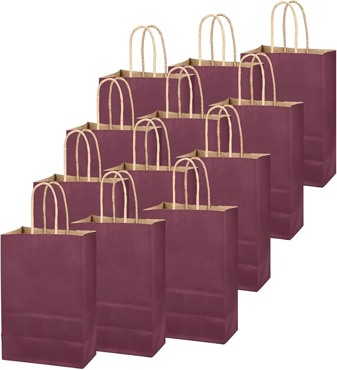 qiqee Purplish Red Gift Bag with Handles Bulk 24Pcs Paper Bags -10.6"x8.3"x4.3"Party Favor Bags - Solid Color