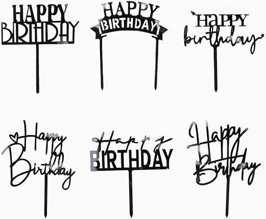 Black Birthday Cake Topper, 6pcs Acrylic Birthday Cake Toppers Happy Birth Cake Toppers for Party Decorations