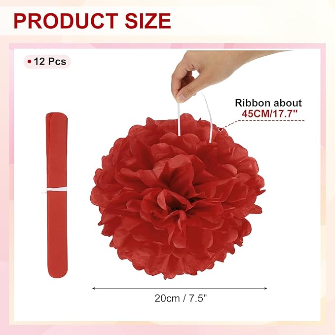 PATIKIL 8inch Tissue Paper Pom Poms, 12PCS Pom Poms Paper Flowers Ball Tissue Paper Flowers for Wedding Bridal Shower Birthday Bachelorette Party Backdrop Decoration, Red