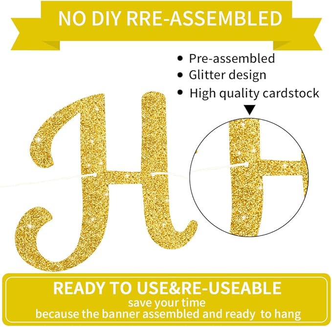 BEISHIDA Happy Birthday Banner - NO DIY,Gold 10Feet Pre-Strung-Glitter Birthday Sign Garland Backdrop Decorations for Women men Party