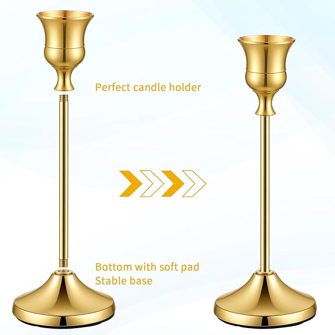 6 Pcs Gold Metal Taper Candle Holders Bulk, 9.1/7.5/6.3inch Candlestick Holders, 7cm Diameter Taper Candle Holder Bulk for Table Centerpieces Candlesticks for Ramadan Wedding Christmas Party