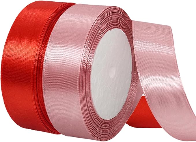 2 Rolls Red Rose Gold Ribbon, 1 Inch x 50 Yards Satin Rose Gold Red Fabric Ribbon for Flower Bouquets, Gift Wrapping, DIY Crafts, Birthday Cakes, Holiday, Wedding Party and Mother’s Day Decorations