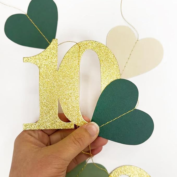 Sage Green Gold 10th Birthday Decorations Sage Green Gold Heart Garland Streamer Banner Backdrop for Girls Happy 10th Birthday Double Digits I'm 10 Cheers to 10 Years Old Anniversary Party Supplies