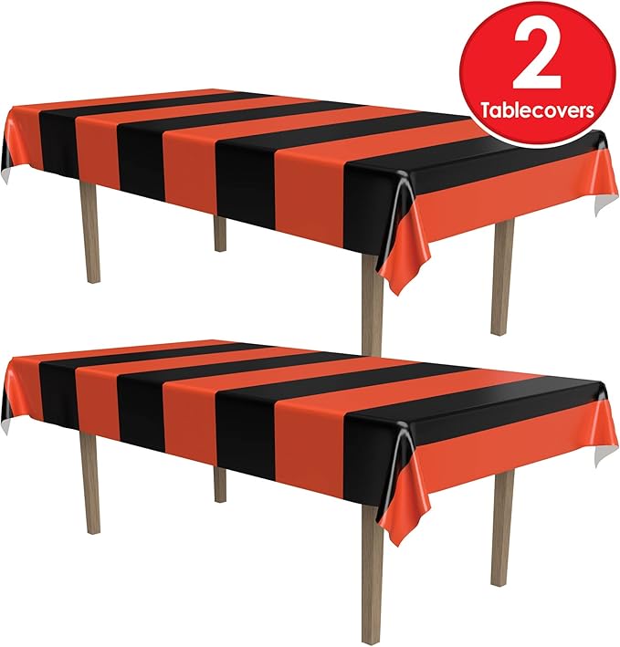 Beistle Orange & Black Stripes Tablecovers, 54” x 108”, 2 Pieces – Plastic Table Cloth, Rectangular Tablecloth, Holiday Tablecloth, Halloween Plastic Tablecloth, Halloween Decorations
