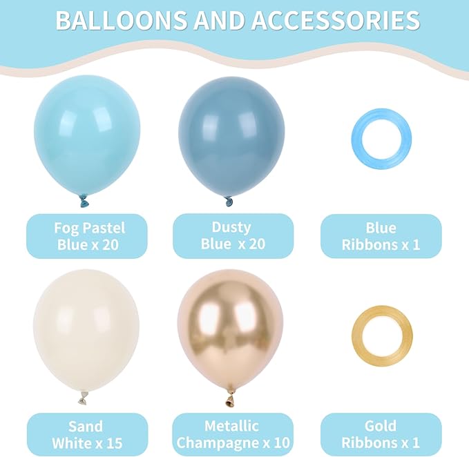 RUBFAC Dusty Blue and Gold Balloons, 65pcs 12 Inches Champagne Gold Metallic Fog Baby Blue Balloon for Baby Boy Shower Bridal Birthday Wedding Party Decorations