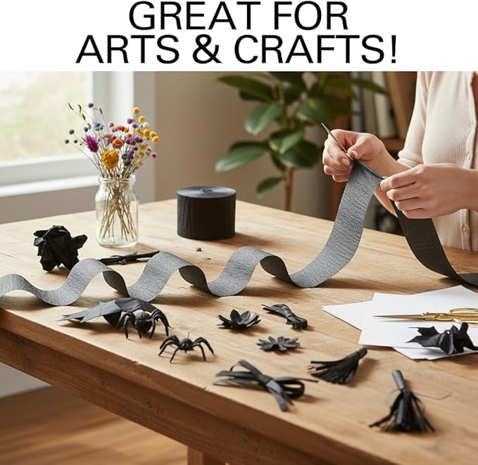 Black Streamers 4 Rolls, 328 Ft Black Crepe Paper, Streamer Party Decorations for Birthday, Wedding, Showers (1.8 in x 82 ft/Roll)