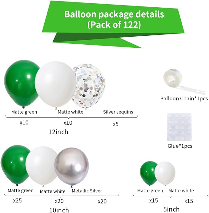 Green White Silver Balloon Arch Garland Kit - 122PCS Green White Balloons Metallic Silver Balloons St. Patrick's Balloons for Green Birthday Baby Shower Wedding Retirement Graduation Party Decorations