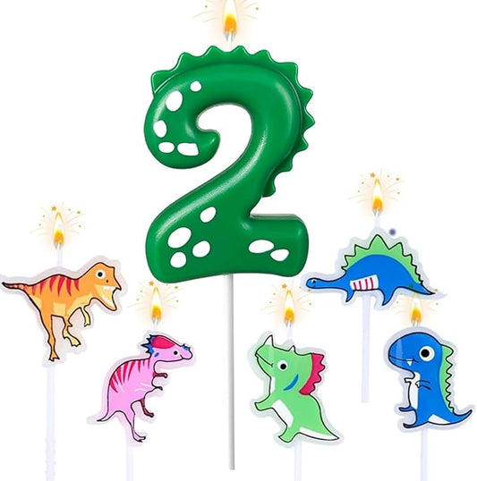Number 2 Dinosaur Birthday Candles Set, Dino-Themed Cake Candle 2 2.75 Inch Green with 5Pcs Dinosaur Candles for Birthday Parties Celebration