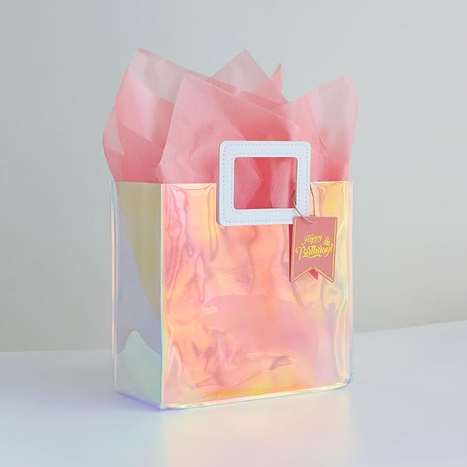 8.3'' Holographic Small Birthday Gift Bag with Tissue Paper and Happy Birthday Gift Tag for Women Girls Mothers (S- Glossy Coral)