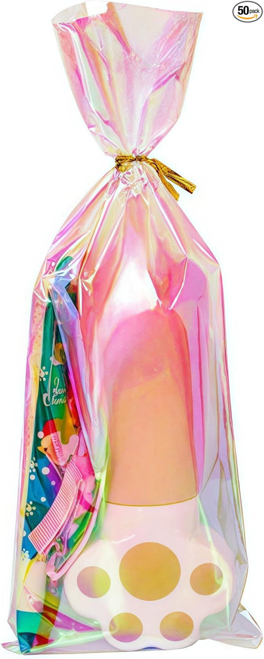 50 Pack 3.9x10 inch Small Cellophane Treat Bags with Twist Ties Plastic Pet Birthday Party Favor Supplies for Dog Cat Treats Candy Small Gifts DIY Craft Food Storage Packaging