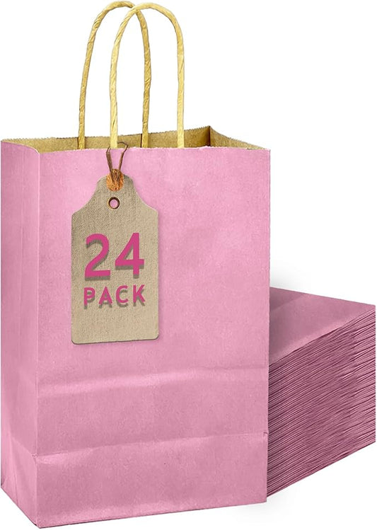 qiqee Purplish-pink Gift Bag with Handles Bulk 24Pcs Paper Bags -10.6"x8.3"x4.3"Party Favor Bags - Solid Color