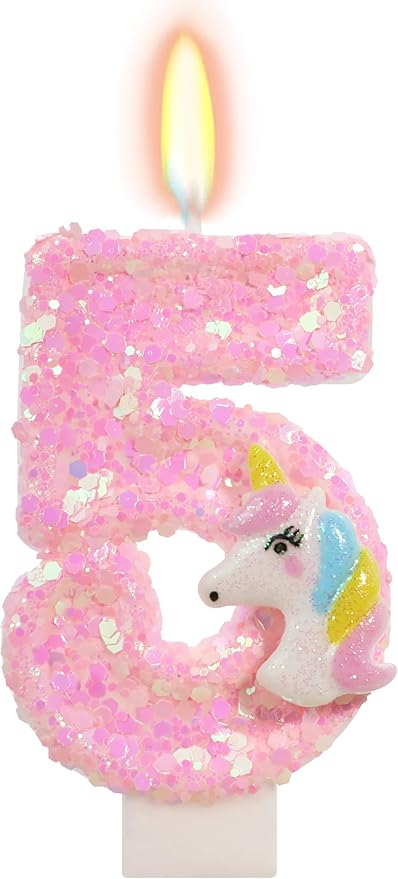 Birthday Candles - Number 5 Candle, 5th Birthday Decorations Girl, Pink Unicorn Candles for Cake Topper, Cartoon Theme Party Supplies