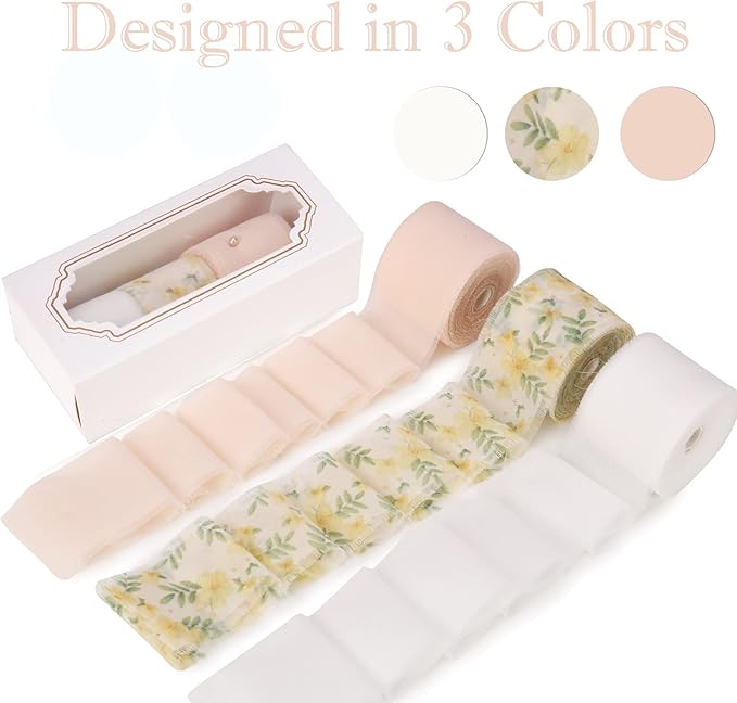 Handmade Fringe Floral Silk Chiffon Ribbons 1.5" x 7 Yards, 3 Rolls 21 Yards Nude Floral Ribbons Set for Wedding Invitations, Bridal Bouquets, Gifts Wrapping, DIY Crafts Decoration