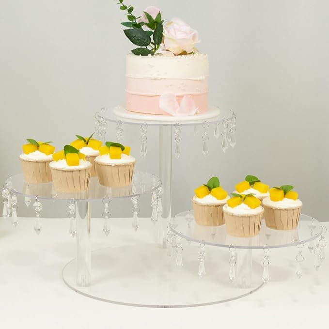 Efavormart 3-Tier Acrylic Cake Stand with Hanging Crystal Pendants – Clear Elegant Cupcake Tower for Dessert Display