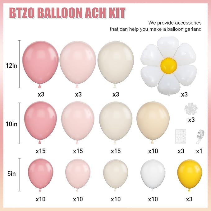 Daisy Balloon Garland Arch Kit,Retro Pink Sand White Hippie Boho Flower Balloons Garland For Birthday Baby Shower Bridal Wedding Groovy Party Decorations