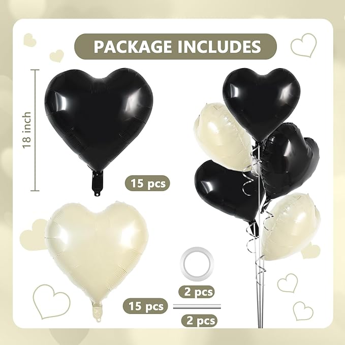 TONIFUL 30Pcs 18 Inch Black Cream White Balloons Black Cream White Heart Shape Foil Mylar Banners Decoration for Birthday Valentine's Day Wedding Bridal Shower Anniversary Engagement Party Supplies