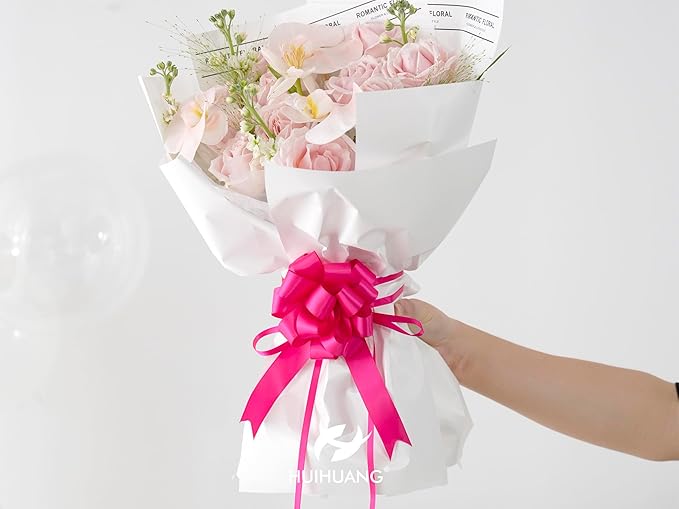 HUIHUANG Hot Pink Bows 12 PCS Fuchsia Pink Satin Pull Bows 4" x 8" Present Bow for Gift Wrapping, Gift Basket, Paper Bag, Wrapping Accessories, Bridal Shower Wedding Christmas Decor
